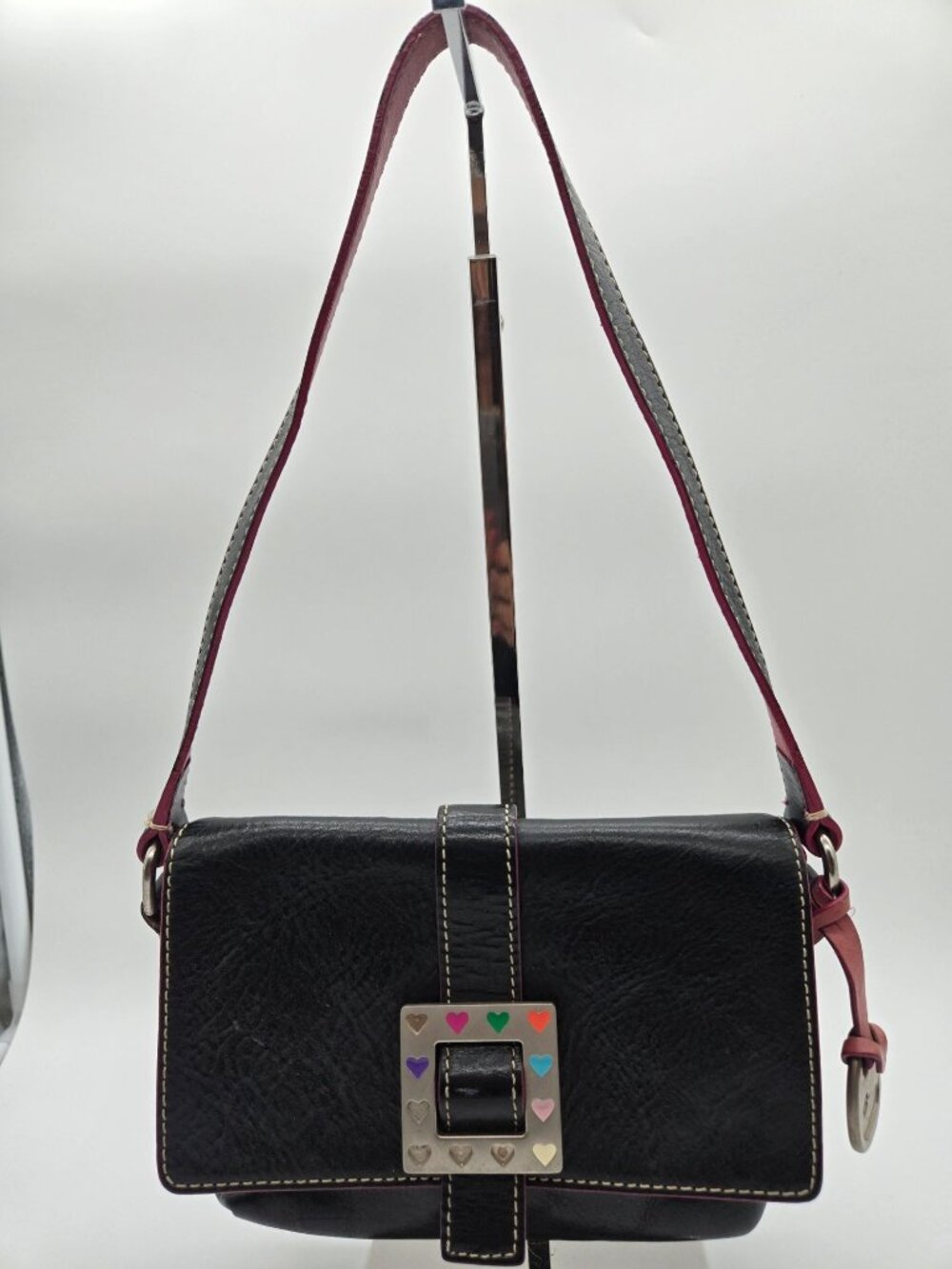 Vintage Dooney & Bourke Black Leather Heart Buckle Flap Bag Small Shoulder Purse